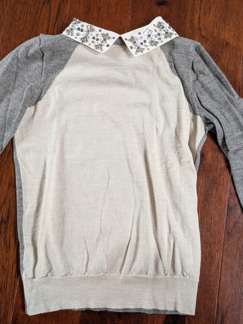 J. Crew FLAW Embellished-Collar Crewneck Sweater in Cream & Gray